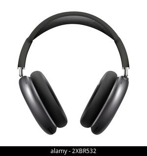 Kiev, Ukraine - 06 avril 2022 : écouteurs sans fil noir Apple AirPods Max, sur fond blanc. Illustration vectorielle réaliste Illustration de Vecteur
