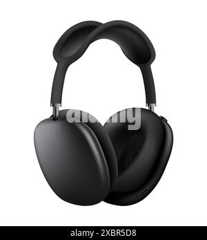 Kiev, Ukraine - 06 avril 2022 : écouteurs sans fil noir Apple AirPods Max, sur fond blanc. Illustration vectorielle réaliste Illustration de Vecteur