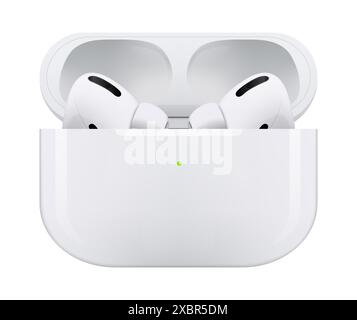 Kiev, Ukraine - 06 avril 2022 : écouteurs sans fil blancs Apple AirPods Pro, sur fond blanc. Illustration vectorielle réaliste Illustration de Vecteur