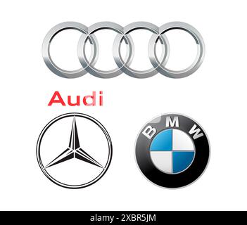 Kiyv, Ukraine - 28 juillet 2022 : Collection de logos de voitures populaires en allemagne : BMW, Audi, Mercedes, illustration vectorielle Illustration de Vecteur