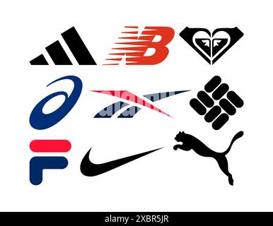 Kiev, Ukraine - 10 juin 2022 : ensemble de logos populaires de fabricants de vêtements de sport : adidas, New Balance, Roxy, Reebok, Nike, Fila, Columbia, Asics et Puma, Illustration de Vecteur