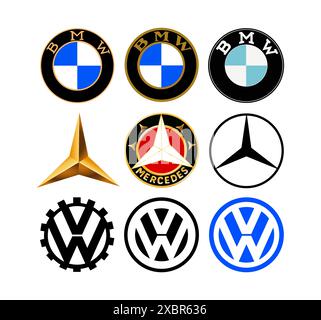 Kiev, Ukraine - 10 juin 2022 : Collection de logos de voitures rétro : Volkswagen, BMW et Mercedes, sur fond blanc, illustration vectorielle Illustration de Vecteur