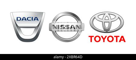 Kiev, Ukraine - 29 septembre 2022 : Collection de logos de voitures populaires sur fond blanc : Nissan, Dacia et Toyota, illustration vectorielle Illustration de Vecteur
