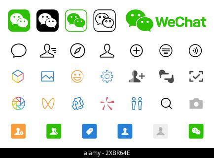Kiev, Ukraine - 29 février 2023 : ensemble WeChat d'icônes et de logos d'interface d'application mobile. Collection de modèles d'interface de médias sociaux. Edito illustratif Illustration de Vecteur