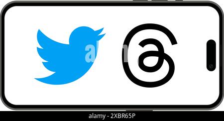 Twitter et threads logos de services mobiles dans le téléphone intelligent iPhone 14 Pro sur un fond blanc, illustration vectorielle. Meta lance officiellement threads Illustration de Vecteur