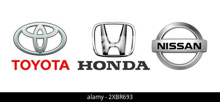Kiev, Ukraine - 29 septembre 2022 : Collection des plus grands logos de constructeurs automobiles japonais, sur fond blanc : Honda, Nissan et Toyota, vecteur illustr Illustration de Vecteur