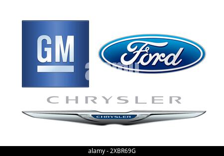 Kiev, Ukraine - 29 septembre 2022 : Collection des plus grands logos de constructeurs automobiles des États-Unis, sur fond blanc : General Motors, Ford et Chrysler, vecteur Illustration de Vecteur