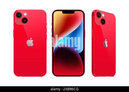 Kiev, Ukraine - 28 septembre 2022 : ensemble de téléphone intelligent Apple iPhone 14 dans différents côtés, de couleur rouge officielle, sur fond blanc. vecto réaliste Illustration de Vecteur
