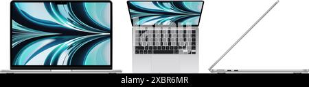Ensemble de nouveau Apple MacBook Air avec puce M2 en couleur argent, illustration vectorielle réaliste. Le MacBook Air est la ligne d'ordinateurs portables développés et ma Illustration de Vecteur