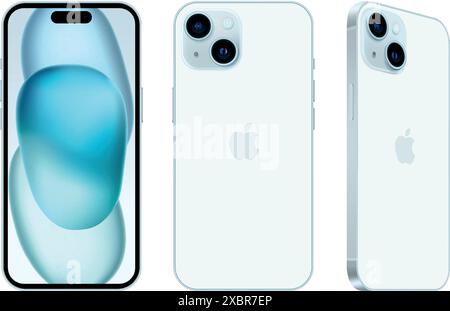 Ensemble de téléphone portable Blue Apple iPhone 15 dans différents côtés, sur fond blanc, illustration vectorielle. L'iPhone 15 et l'iPhone 15 plus sont des smartphones Illustration de Vecteur