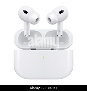 Kiev, Ukraine - 28 mars 2023 : tous les nouveaux AirPods Pro 2ème génération dans l'étui de chargement MagSafe, casque sans fil blanc, sur fond blanc. La marque Illustration de Vecteur