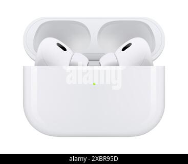 Kiev, Ukraine - 28 mars 2023 : tous les nouveaux AirPods Pro 2ème génération dans l'étui de chargement MagSafe, casque sans fil blanc, sur fond blanc. La marque Illustration de Vecteur