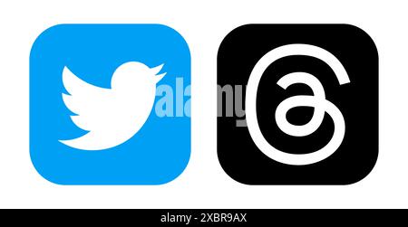 Twitter et threads icônes d'applications mobiles sur fond blanc, illustration vectorielle. Meta lance officiellement des threads qui sont largement considérés comme Twitter la plupart des s Illustration de Vecteur