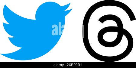 Logos Twitter et threads Mobile Apps sur fond blanc, illustration vectorielle. Meta lance officiellement des threads qui sont largement considérés comme Twitter la plupart des s Illustration de Vecteur