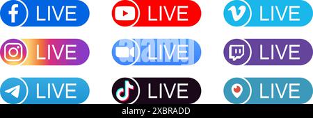 Ensemble de boutons de médias sociaux en direct pour le streaming, tels que : Facebook, Youtube, Vimeo, Instagram, zoom et d'autres, sur un fond blanc vectoriel illustrati Illustration de Vecteur