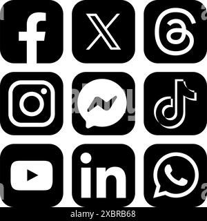 Ensemble d'icônes noires d'applications mobiles de médias sociaux populaires : Facebook, X Twitter, threads, Instagram, Messenger et autres, illustration vectorielle Illustration de Vecteur