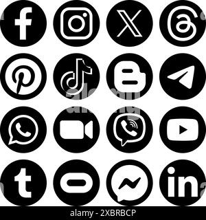 Ensemble d'une populaire applications mobiles de médias sociaux icônes rondes noires : Facebook, Instagram, X Twitter, threads, Pinterest, TikTok et d'autres illustrations vectorielles Illustration de Vecteur