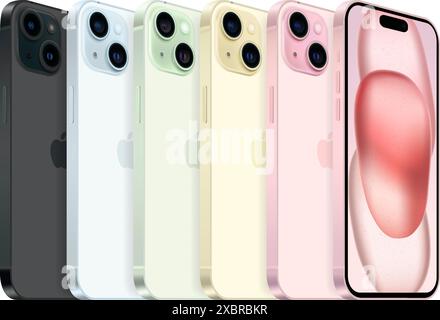 Ensemble de téléphones mobiles Apple iPhone 15 de différentes couleurs, sur fond blanc, illustration vectorielle. L'iPhone 15 et l'iPhone 15 plus sont des smartphones Illustration de Vecteur