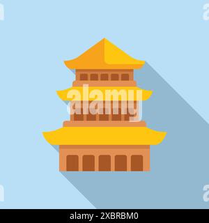 Bâtiment de temple asiatique traditionnel avec toit jaune et longue ombre sur fond bleu Illustration de Vecteur