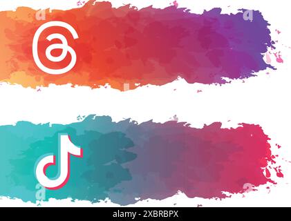 Ensemble d'autocollants aquarelle avec les logos populaires d'applications mobiles : fils et TikTok, sur un fond transparent, illustration vectorielle Illustration de Vecteur