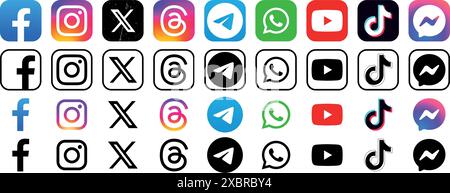 Ensemble d'icônes d'application mobile de médias sociaux sous différentes formes : Facebook, Instagram, Twitter - X, threads, Telegram et autres, sur un fond transparent, Illustration de Vecteur