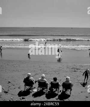 Quatre retraités se sont assis dans une rangée sur la plage au large du Cobble Landing à Filey, North Yorkshire East Coast, au nord de l'Angleterre, au Royaume-Uni Banque D'Images