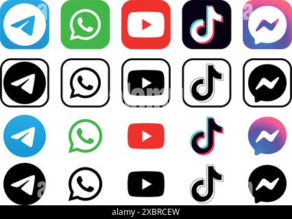 Ensemble d'icônes d'application mobile de médias sociaux sous différentes formes : Telegram, Whatsapp, YouTube, TikTok et Messenger, isolé sur un fond transparent, Vect Illustration de Vecteur