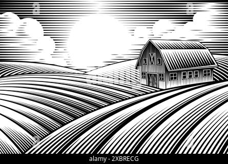 Farm Barn et Rolling Hills Vintage Woodcut style Illustration de Vecteur