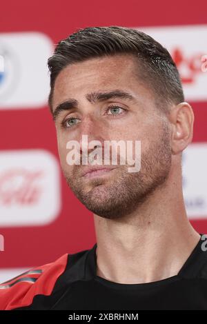 Freiberg, Allemagne. 13 juin 2024. Le gardien de but belge Koen Casteels photographié lors d'une conférence de presse de l'équipe nationale belge de football Red Devils, jeudi 13 juin 2024 dans son camp de base à Freiberg am Neckar, Allemagne, en préparation des Championnats d'Europe de football UEFA Euro 2024. Les Red Devils jouent dans le groupe F aux Championnats d'Europe Euro 2024 en Allemagne. BELGA PHOTO BRUNO FAHY crédit : Belga News Agency/Alamy Live News Banque D'Images