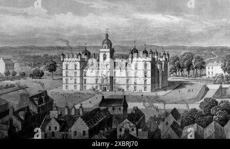 Heriot’s Hospital, de Castle Hill, Édimbourg, gravé par W. Watkins. Il s'agit d'une gravure datant de 1832 réalisée à partir d'un dessin aquarelle de Thomas H. Shepherd (1793-1864). À l'époque, en 1832, Guillaume IV était roi, environ cinq ans avant que la reine Victoria monte sur le trône. Ceci et d'autres que j'ai dans la série ont été utilisés pour illustrer les ressemblances architecturales entre Athènes et Édimbourg (Écosse) et ses environs à l'époque. Remarque : certains des originaux avaient des taches qui peuvent apparaître comme des taches légèrement plus foncées sur les photos. Banque D'Images