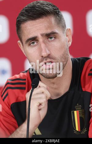 Freiberg, Allemagne. 13 juin 2024. Le gardien de but belge Koen Casteels photographié lors d'une conférence de presse de l'équipe nationale belge de football Red Devils, jeudi 13 juin 2024 dans son camp de base à Freiberg am Neckar, Allemagne, en préparation des Championnats d'Europe de football UEFA Euro 2024. Les Red Devils jouent dans le groupe F aux Championnats d'Europe Euro 2024 en Allemagne. BELGA PHOTO BRUNO FAHY crédit : Belga News Agency/Alamy Live News Banque D'Images