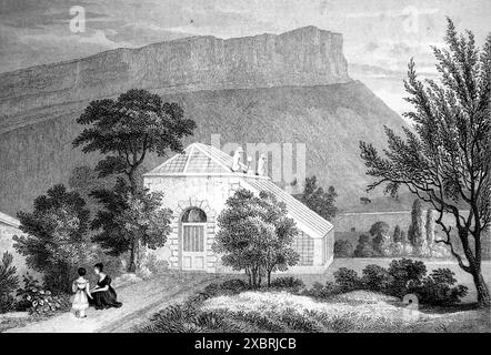 Une maison d’été dans Regent Murray’s Garden, où l’union des deux royaumes a été signée, graveur inconnu. Il s'agit d'une gravure datant de 1832 réalisée à partir d'un dessin aquarelle de Thomas H. Shepherd (1793-1864). À l'époque, en 1832, Guillaume IV était roi, environ cinq ans avant que la reine Victoria monte sur le trône. Ceci et d'autres que j'ai dans la série ont été utilisés pour illustrer les ressemblances architecturales entre Athènes et Édimbourg (Écosse) et ses environs à l'époque. Remarque : certains des originaux avaient des taches qui peuvent apparaître comme des taches légèrement plus foncées sur les photos. Banque D'Images