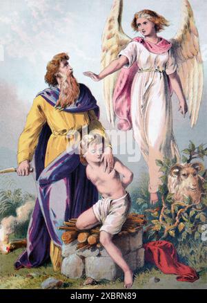 Abraham offrant Isaac et l'Ange du Seigneur l'arrêtant 'et Abraham étendit quatrième sa main et prit le couteau pour tuer son fils et l'an Banque D'Images