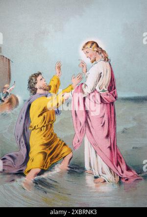 Illustration de la foi de Pierre l'ayant manqué - Apôtre Pierre est sorti du bateau et est venu à Jésus qui marchait sur l'eau Pierre a eu peur et mendier Banque D'Images