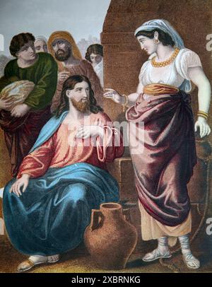 Illustration du Christ et de la femme de Samarie (Evangile de Jean) Jésus Christ demandant un verre d'eau d'une femme samaritaine au puits de Jacob de la Bible de la famille auto-interprétative de Brown du 19ème siècle antique Banque D'Images