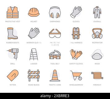 Équipement de sécurité, icônes de ligne plate EPI requises définies. Gants de protection respirateur de casque de constructeur, illustrations vectorielles de harnais. Délimiter les signes personnels Illustration de Vecteur