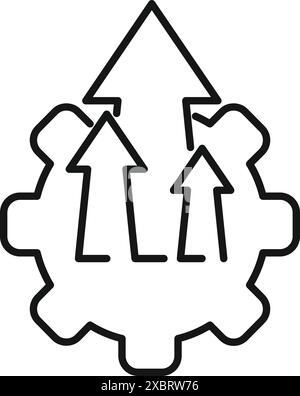 Icône de dessin au trait de trois flèches vers le haut s'agrandissant sur une roue dentée, représentant la croissance de l'entreprise Illustration de Vecteur