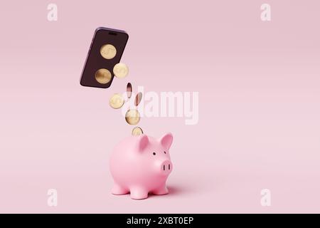 Pièces d'or tombant de l'écran d'un téléphone portable dans une tirelire rose sur fond rose. Gagner de l'argent avec les téléphones intelligents et Internet Banque D'Images