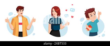 Heureux jeune homme, fille, enfant montrent les pouces vers le haut. Les gens affichent le signe Thumb Up. Style de dessin animé d'illustration plat vectoriel. Illustration de Vecteur