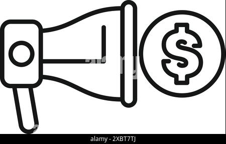 Dessin au trait d'un mégaphone annonçant de grosses ventes avec une pièce d'un dollar, concept pour la campagne de marketing Illustration de Vecteur