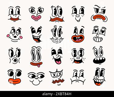 Personnages de dessins animés rétro drôles de visages. Illustration de Vecteur