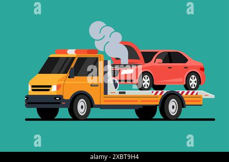 Dépanneuse de voiture accident assistance routière fumée brisée. Dépanneuse bleue de dépannage de voiture à plateau Illustration de Vecteur