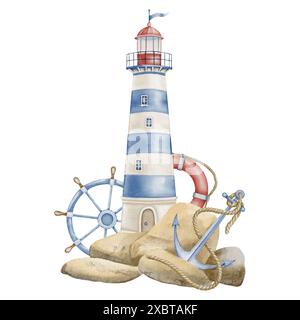 Illustration aquarelle avec phare, ancre et Helm pour la conception dans le style nautique. Dessin avec balise et coût de la mer avec des roches. Art marin pour affiches bébé dans les couleurs bleu pastel et beige. Banque D'Images