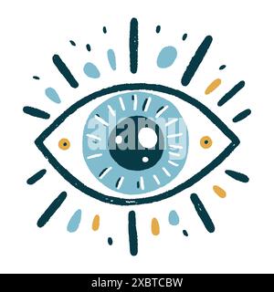 Dessin enfantin d'oeil bleu avec de longs cils noirs et des reflets dorés. Illustration vectorielle. Illustration de Vecteur