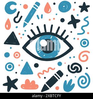 Grand dessin coloré des yeux entouré de doodles enfantins représentant un concept. Illustration de Vecteur