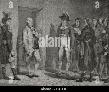 Révolution française. Jugement du roi Louis XVI de France. Le ministre de la Justice, Joseph Dominique Garat, annonçant la condamnation à mort du roi Louis XVI à la prison du Temple à Paris le 20 janvier 1793. Dessin de Hippolyte de la Charlerie. Gravure de Meyer-Heine. "Histoire de la Révolution française". Volume I, 1876. Auteur : Théodore Meyer-Heine (fl. 1863-1881). Graveur français. Hippolyte de la Charlerie (1827-1869) Artiste belge. Banque D'Images