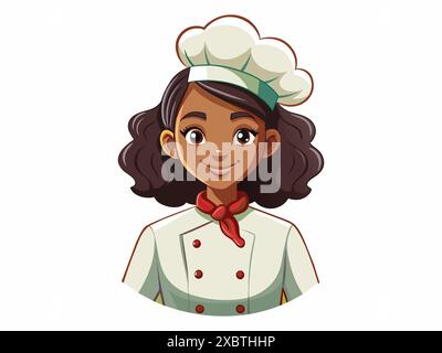 Jeune femme afro-américaine chef portant un chapeau blanc et uniforme de chef, isolée sur fond blanc. Femme heureuse cuisinière. Concept de cuisine, cuisine, Illustration de Vecteur