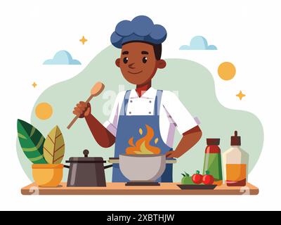 Homme afro-américain cuisinant portant un tablier. Chef cuisinier masculin préparant la nourriture. Concept de cuisine, cuisine et activités domestiques. Art graphique Illustration de Vecteur