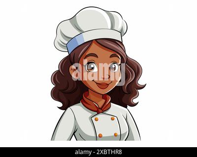 Jeune femme afro-américaine chef portant un chapeau blanc et uniforme de chef, isolée sur fond blanc. Femme heureuse cuisinière. Concept de cuisine, cuisine, Illustration de Vecteur