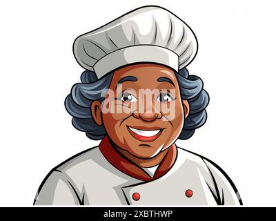 Chef afro-américain âgé portant un chapeau blanc et uniforme de chef, isolé sur fond blanc. Femme souriante cuisinier. Concept de cuisine, kitch Illustration de Vecteur